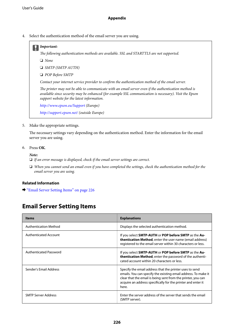 Email server setting items | Epson L1455 User Manual | Page 226 / 233