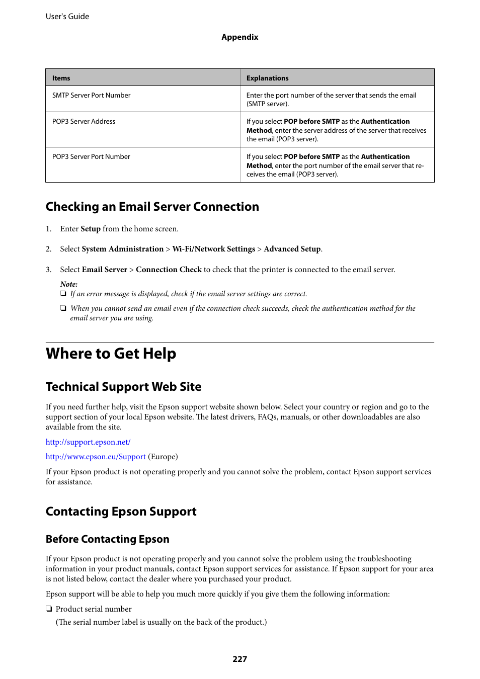 Checking an email server connection, Where to get help, Technical support web site | Contacting epson support, Before contacting epson | Epson L1455 User Manual | Page 227 / 233