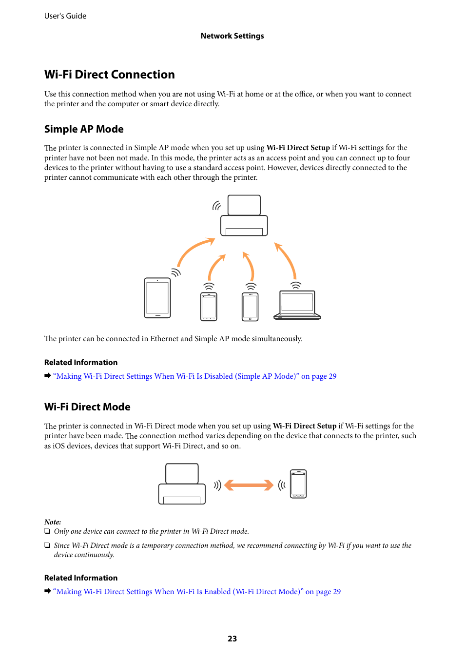 Wi-fi direct connection, Simple ap mode, Wi-fi direct mode | Epson L1455 User Manual | Page 23 / 233