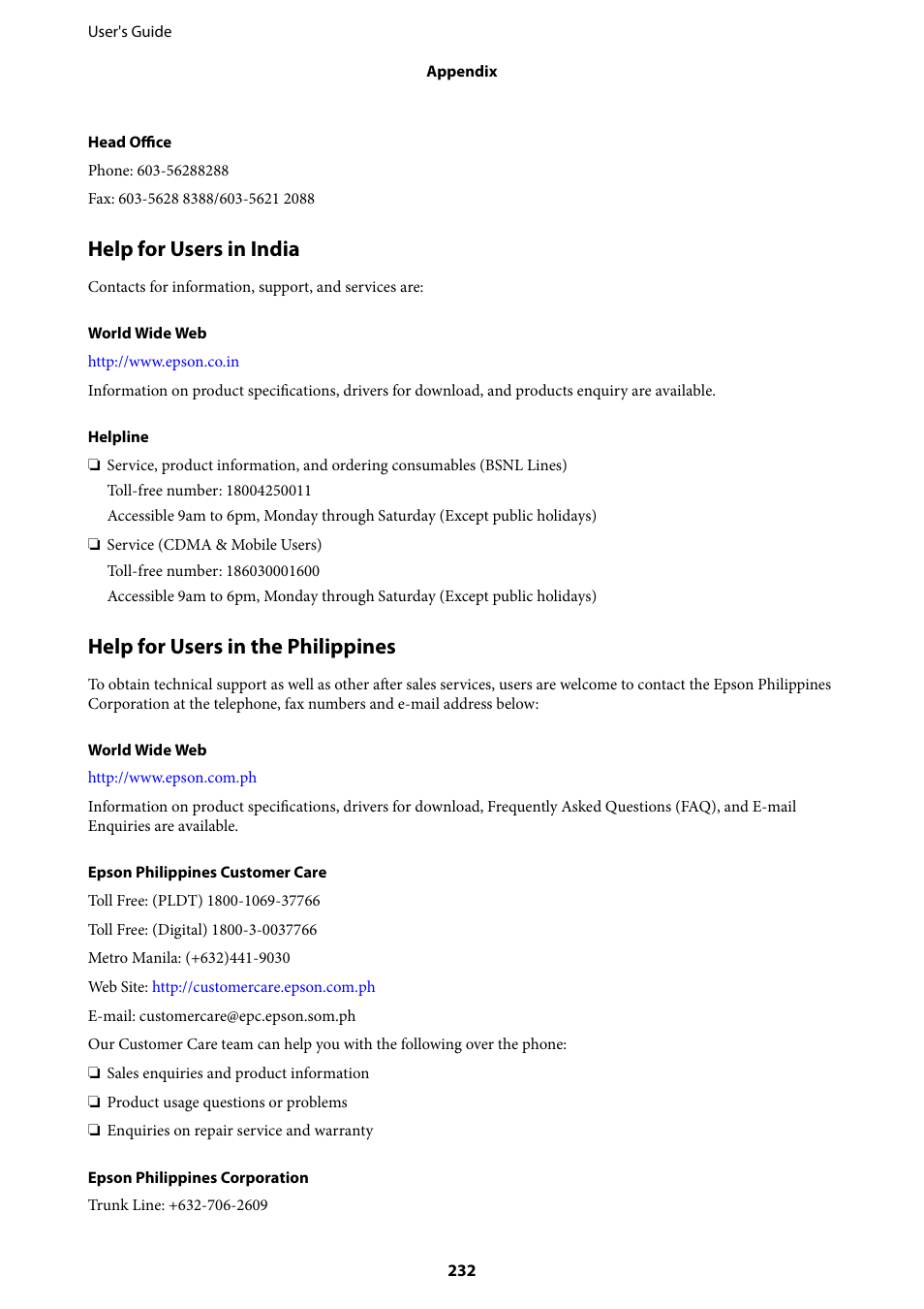 Help for users in india, Help for users in the philippines | Epson L1455 User Manual | Page 232 / 233