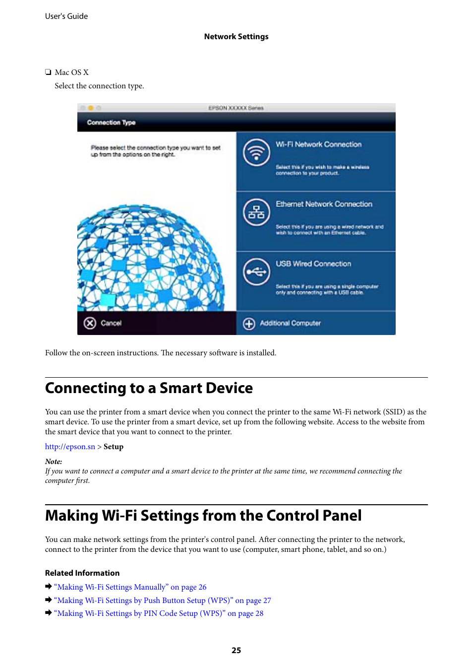 Connecting to a smart device, Making wi-fi settings from the control panel | Epson L1455 User Manual | Page 25 / 233