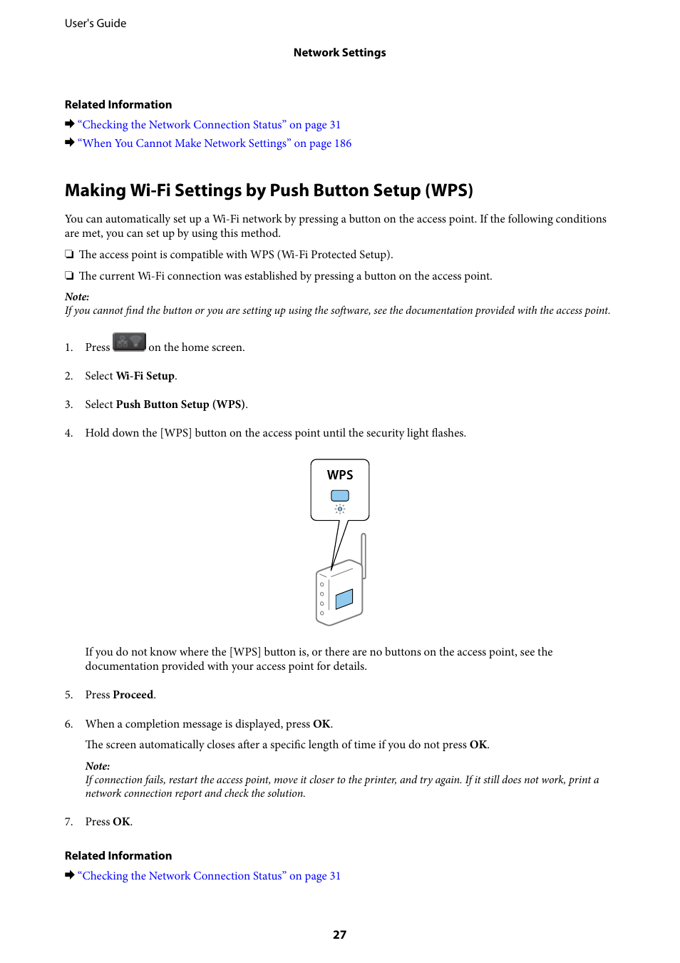 Making wi-fi settings by push button setup (wps) | Epson L1455 User Manual | Page 27 / 233