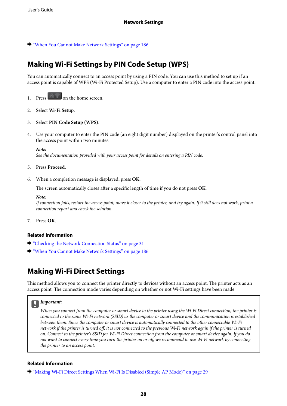 Making wi-fi settings by pin code setup (wps), Making wi-fi direct settings | Epson L1455 User Manual | Page 28 / 233