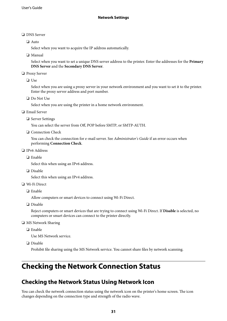 Checking the network connection status, Checking the network status using network icon | Epson L1455 User Manual | Page 31 / 233