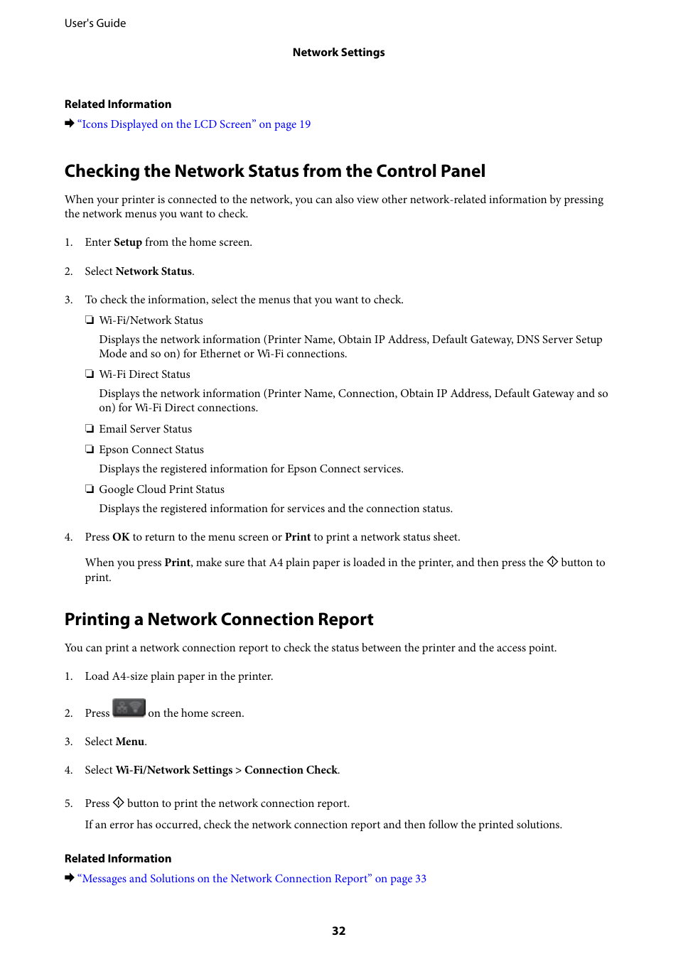 Checking the network status from the control panel, Printing a network connection report | Epson L1455 User Manual | Page 32 / 233