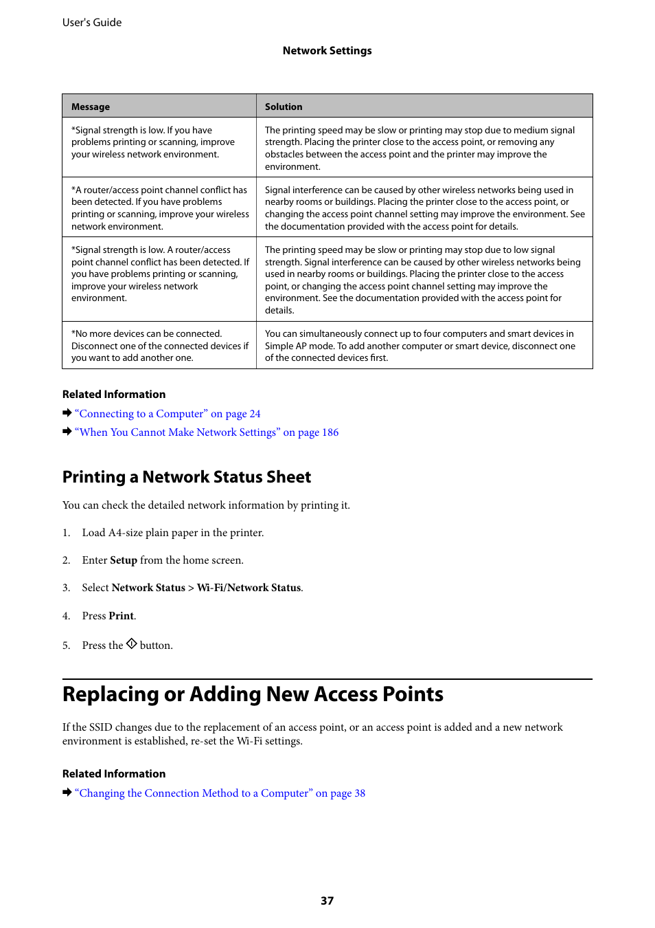 Printing a network status sheet, Replacing or adding new access points | Epson L1455 User Manual | Page 37 / 233