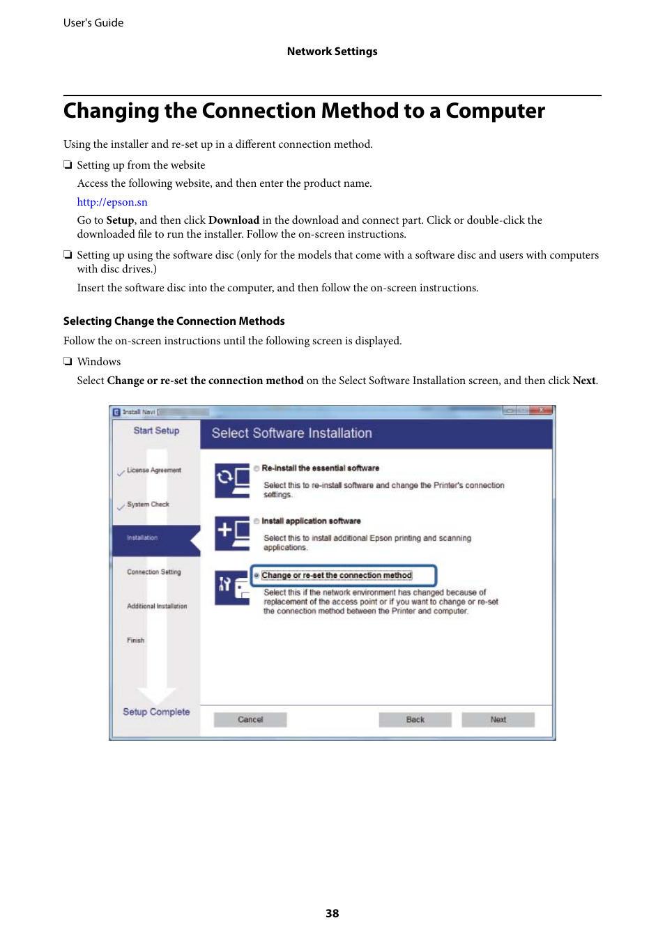 Changing the connection method to a computer | Epson L1455 User Manual | Page 38 / 233