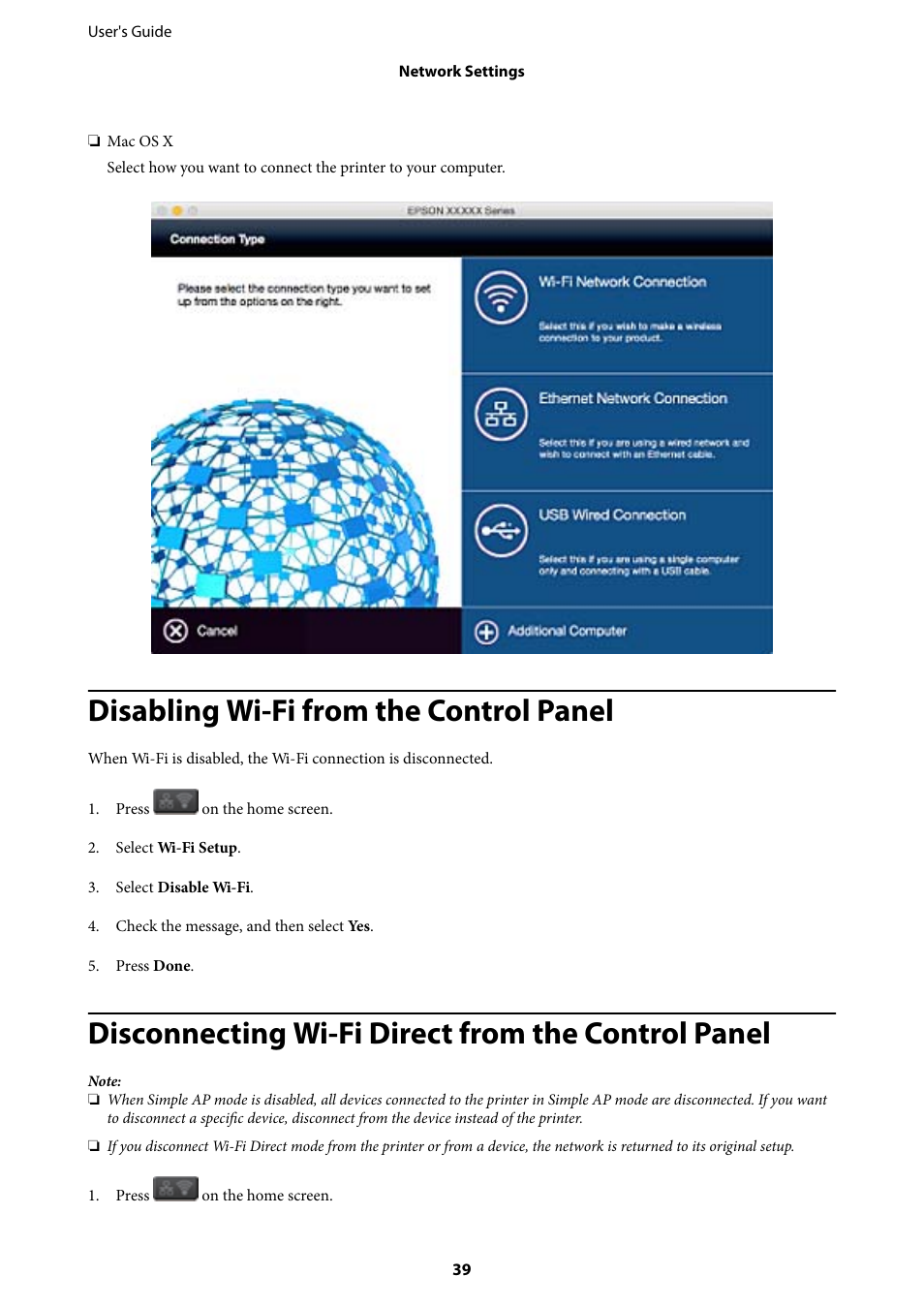 Disabling wi-fi from the control panel, Disconnecting wi-fi direct from the control panel | Epson L1455 User Manual | Page 39 / 233