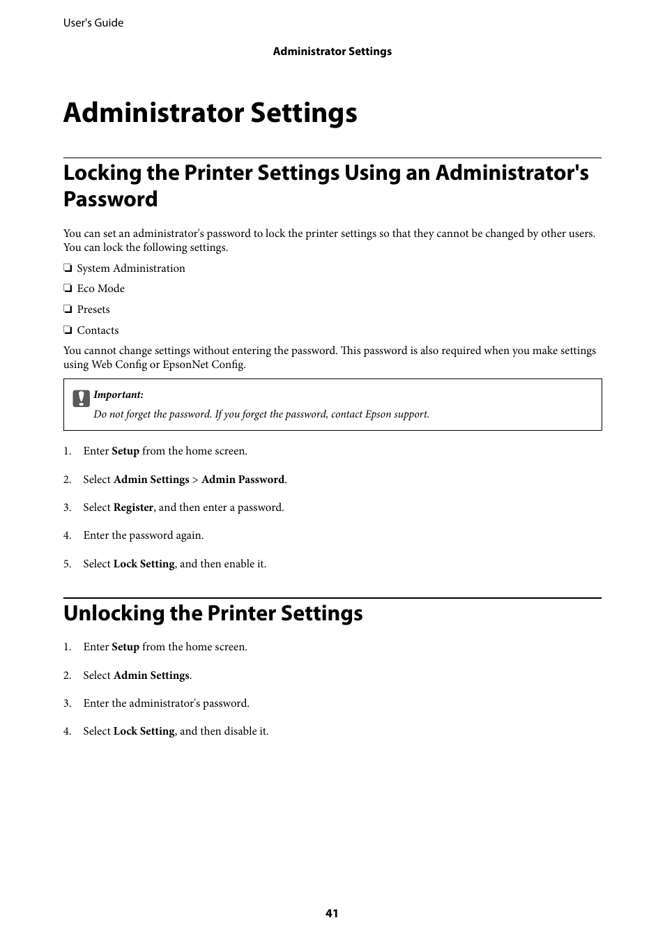 Administrator settings, Unlocking the printer settings | Epson L1455 User Manual | Page 41 / 233