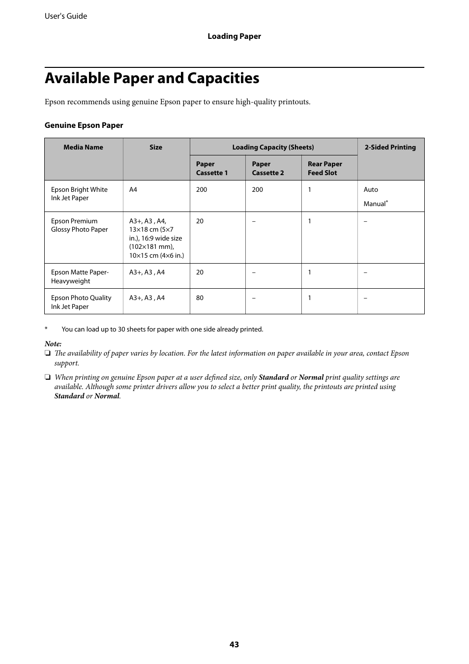 Available paper and capacities | Epson L1455 User Manual | Page 43 / 233