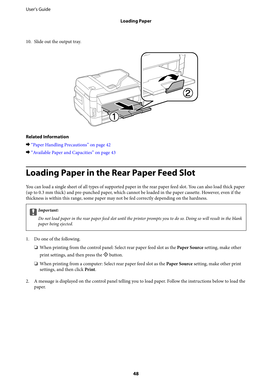 Loading paper in the rear paper feed slot | Epson L1455 User Manual | Page 48 / 233