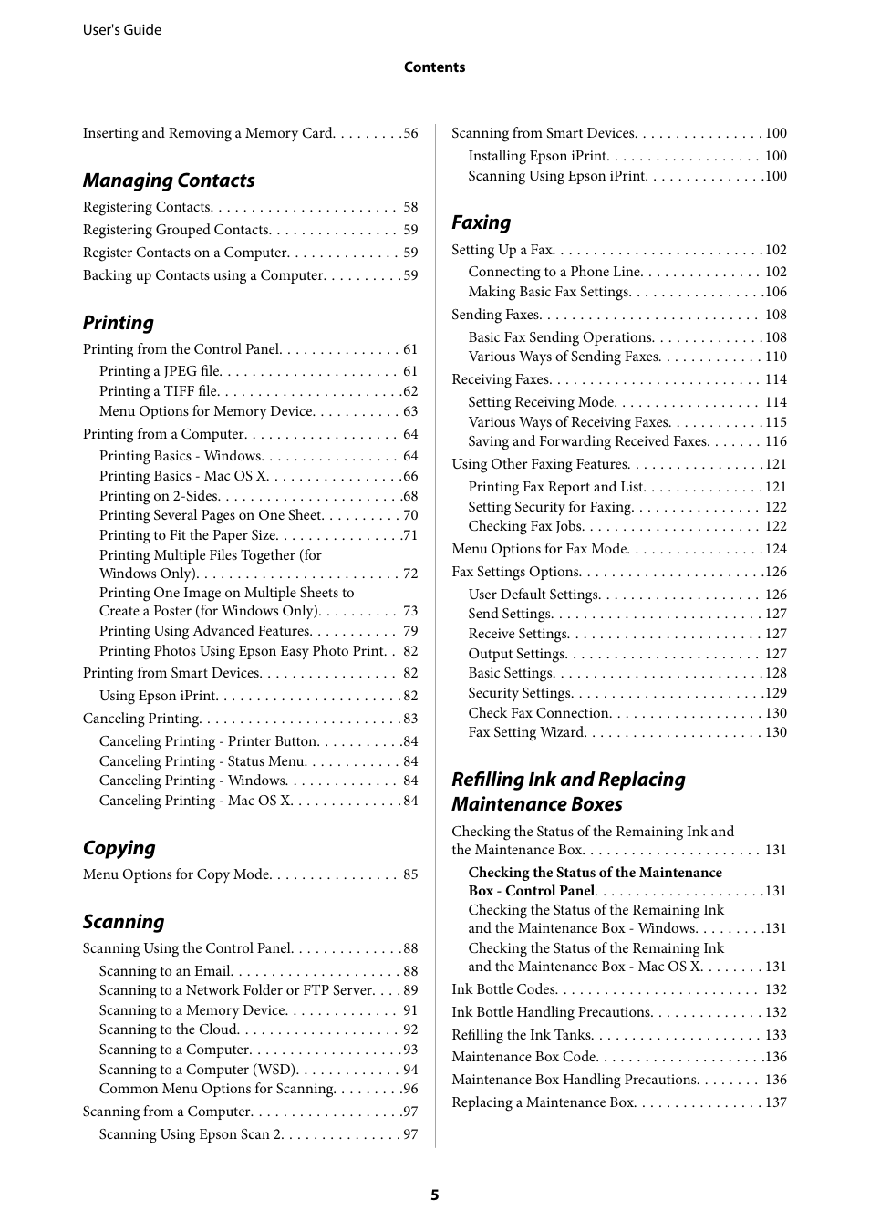 Managing contacts, Printing, Copying | Scanning, Faxing, Refilling ink and replacing maintenance boxes | Epson L1455 User Manual | Page 5 / 233