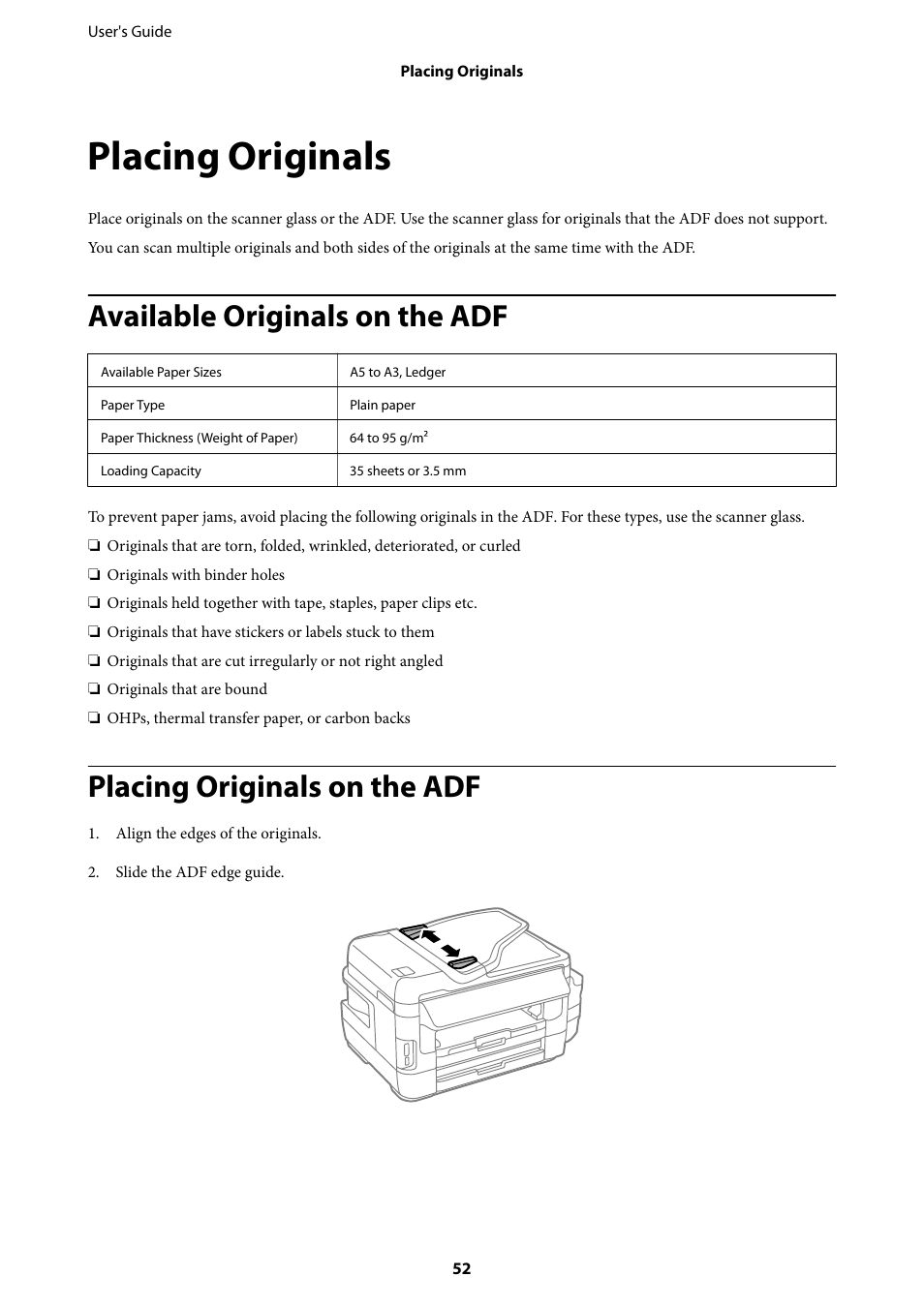 Placing originals, Available originals on the adf, Placing originals on the adf | Epson L1455 User Manual | Page 52 / 233