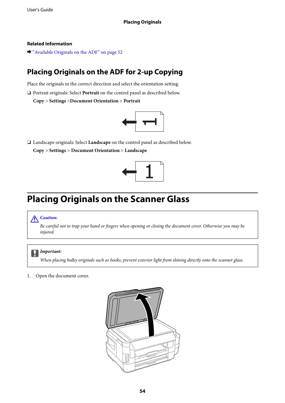 Placing originals on the adf for 2-up copying, Placing originals on the scanner glass | Epson L1455 User Manual | Page 54 / 233