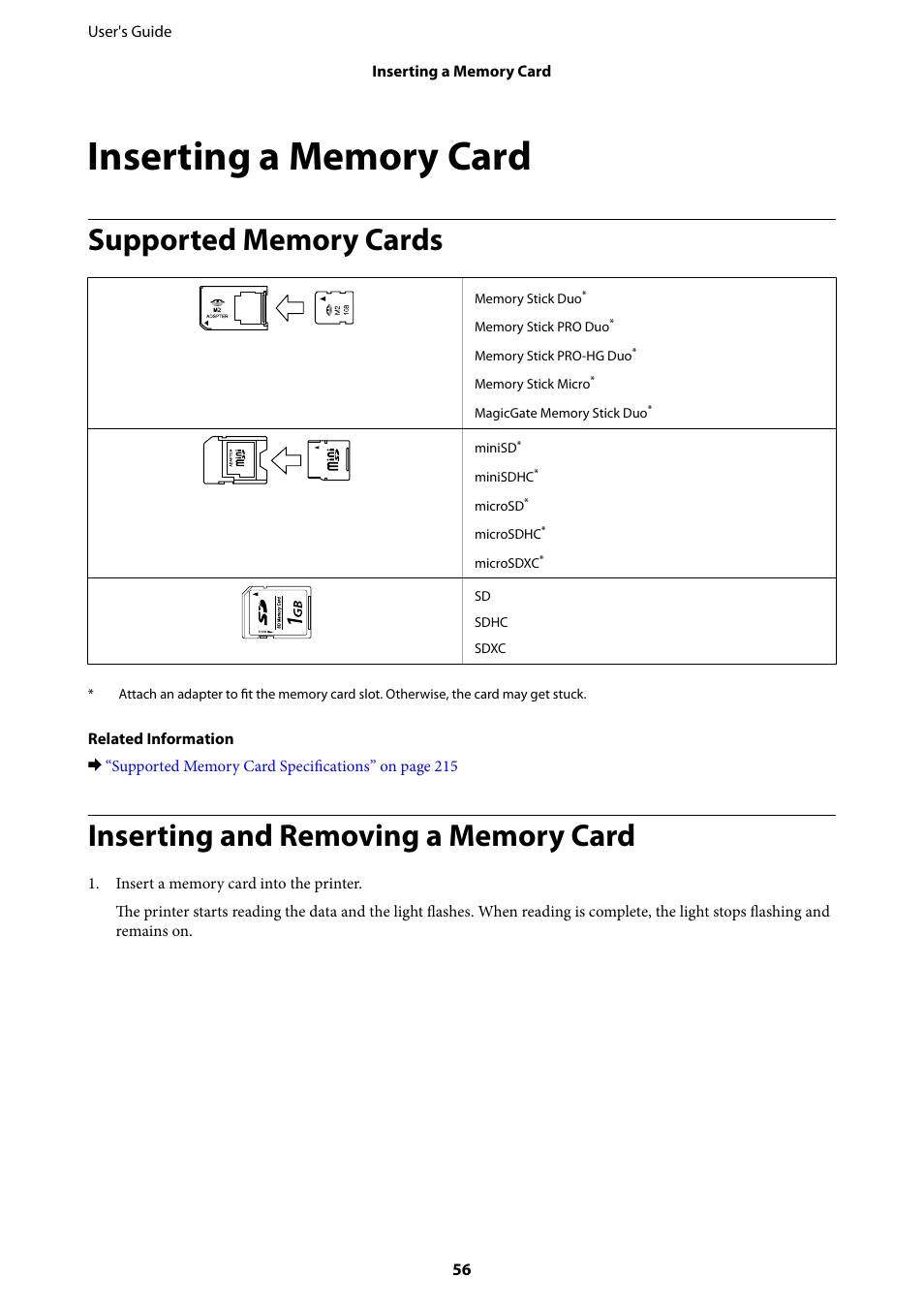 Inserting a memory card, Supported memory cards, Inserting and removing a memory card | Epson L1455 User Manual | Page 56 / 233