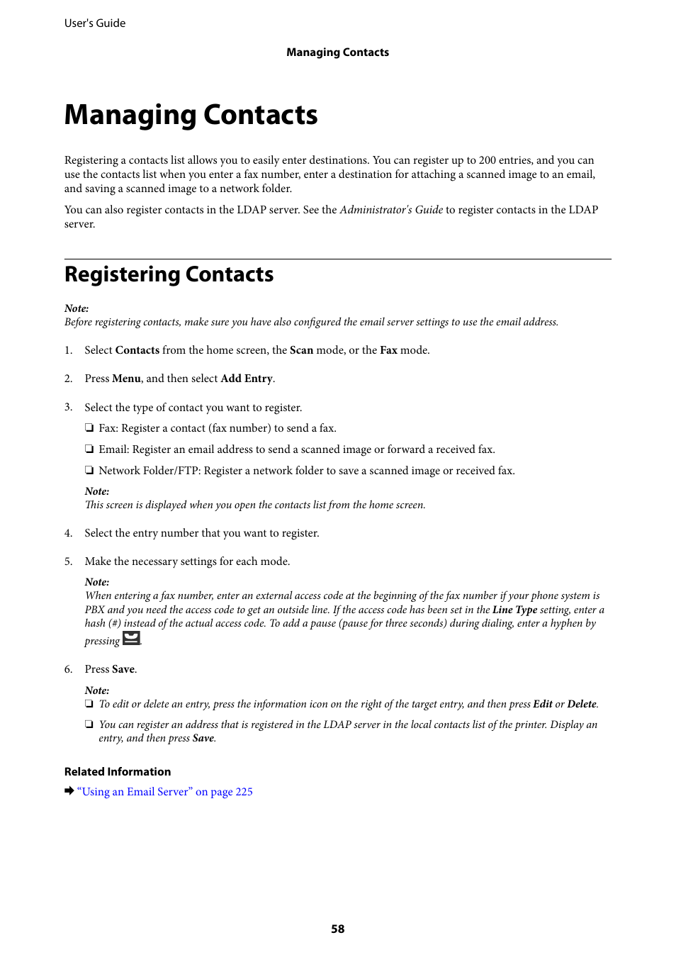 Managing contacts, Registering contacts | Epson L1455 User Manual | Page 58 / 233