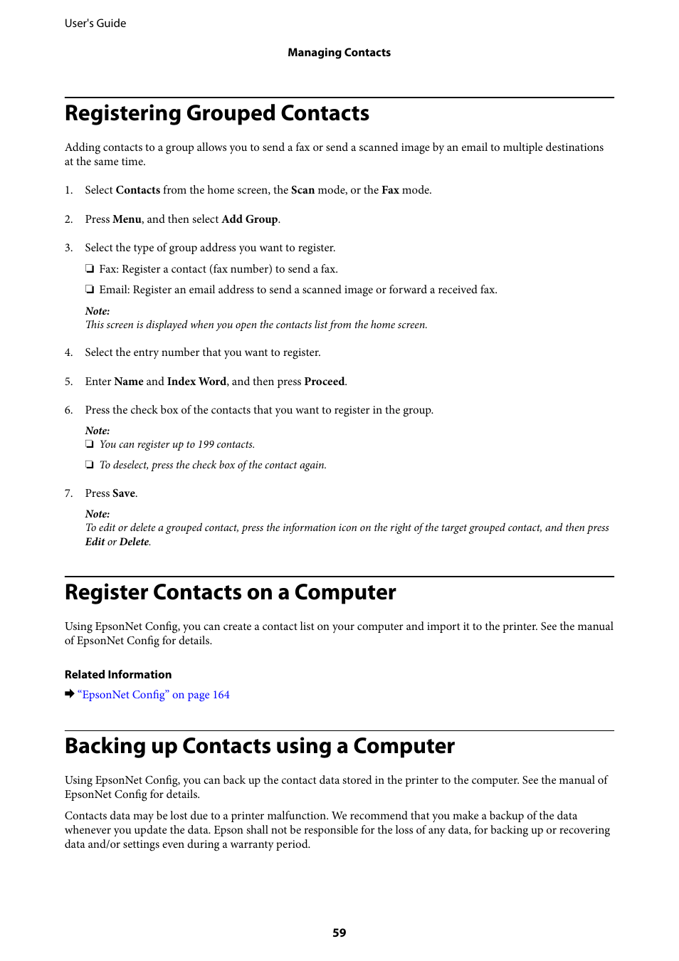 Registering grouped contacts, Register contacts on a computer, Backing up contacts using a computer | Epson L1455 User Manual | Page 59 / 233