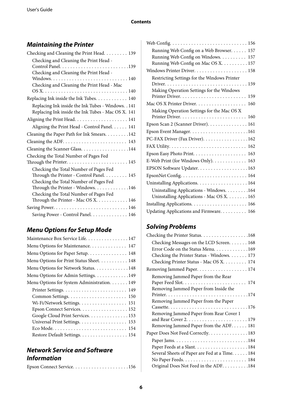 Maintaining the printer, Menu options for setup mode, Network service and software information | Solving problems | Epson L1455 User Manual | Page 6 / 233