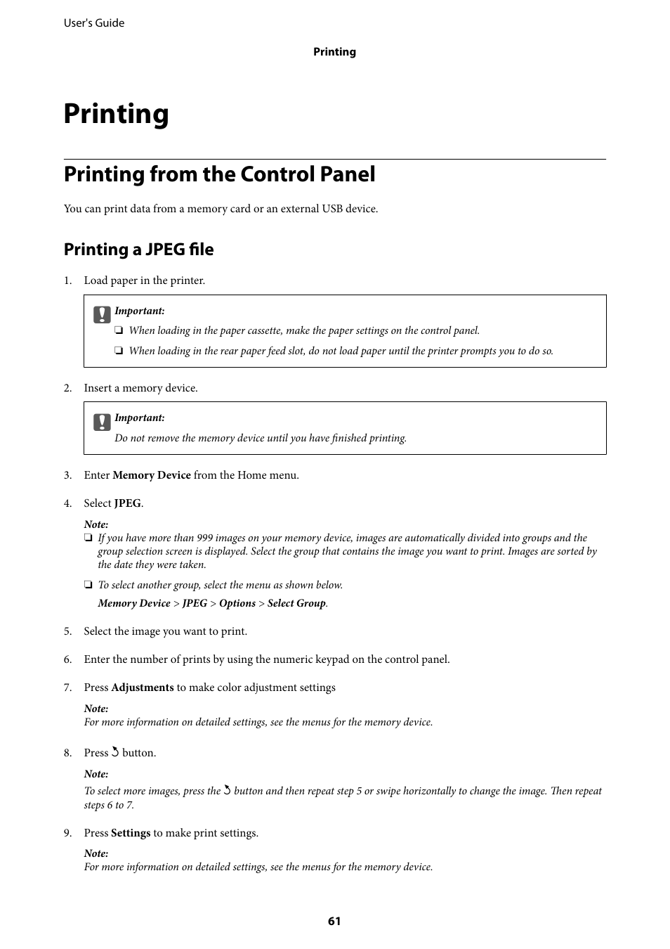 Printing, Printing from the control panel, Printing a jpeg file | Epson L1455 User Manual | Page 61 / 233