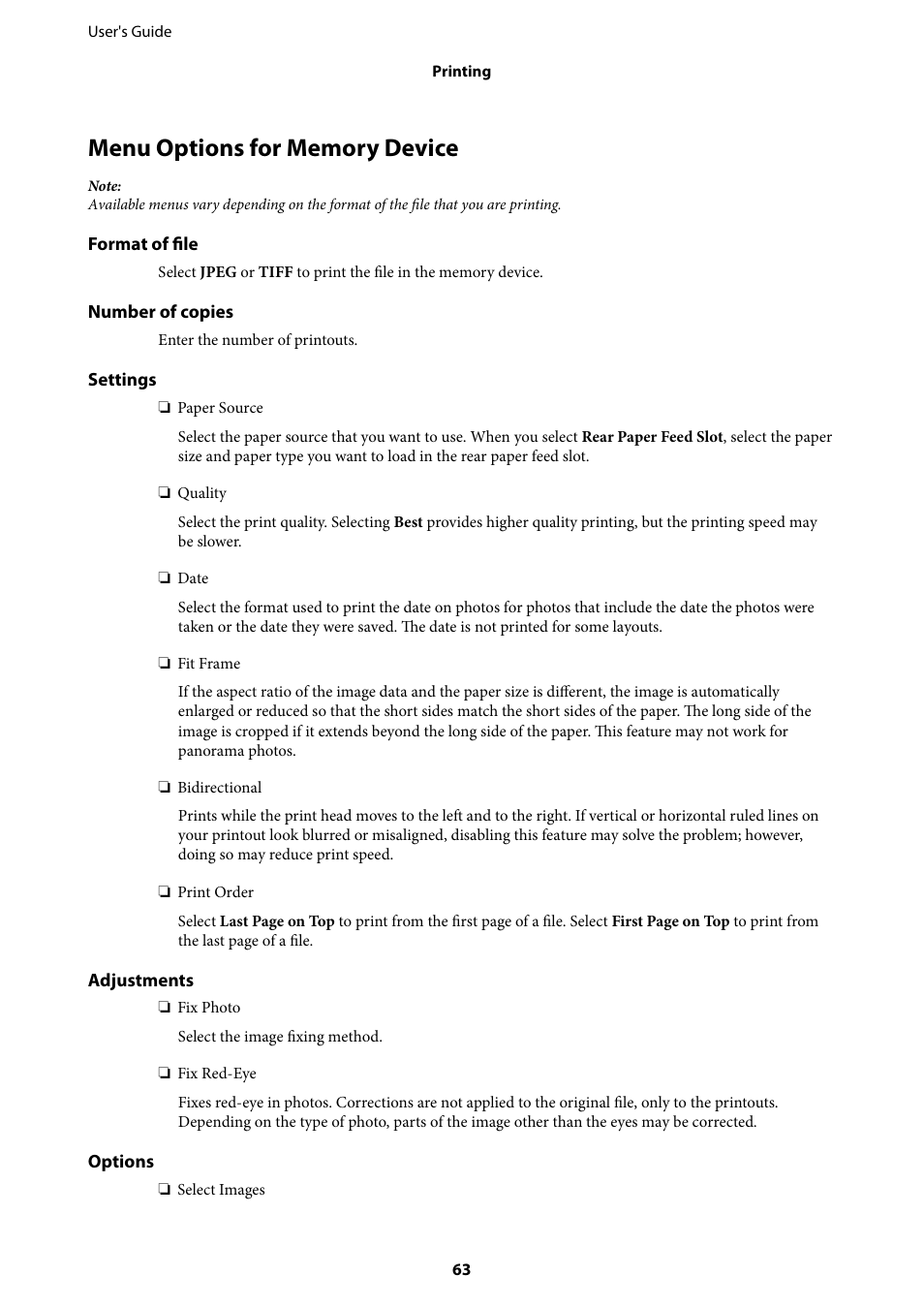 Menu options for memory device | Epson L1455 User Manual | Page 63 / 233