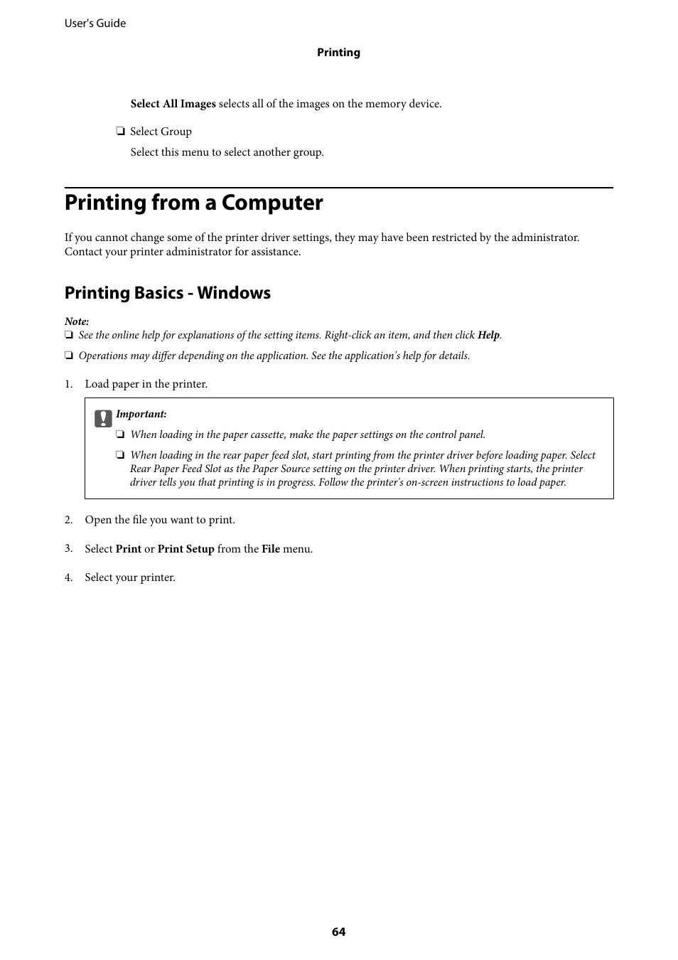 Printing from a computer, Printing basics - windows | Epson L1455 User Manual | Page 64 / 233