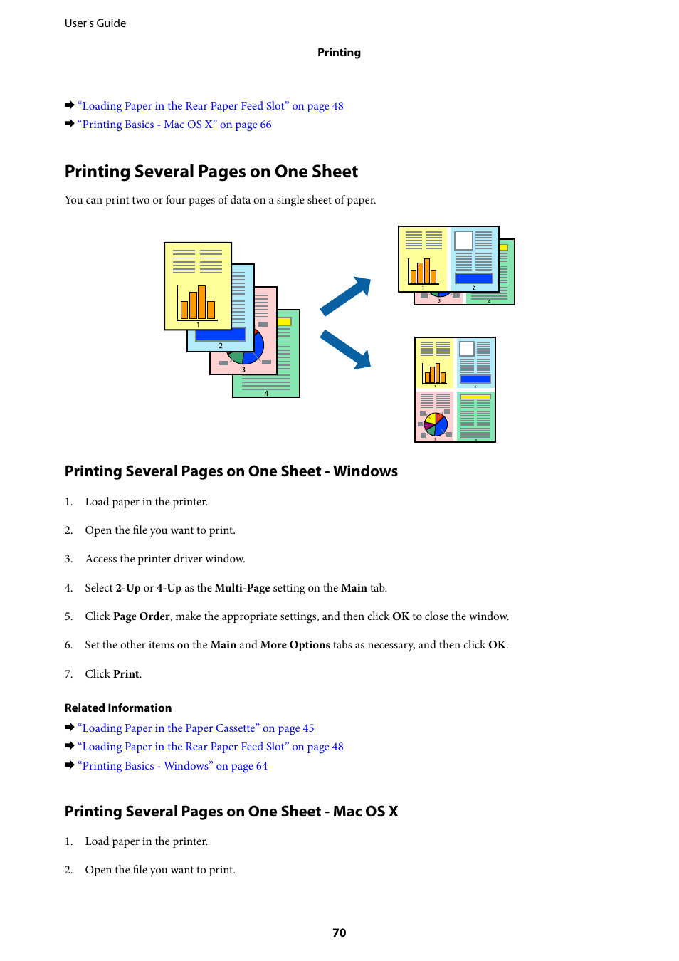 Printing several pages on one sheet, Printing several pages on one sheet - windows, Printing several pages on one sheet - mac os x | Epson L1455 User Manual | Page 70 / 233