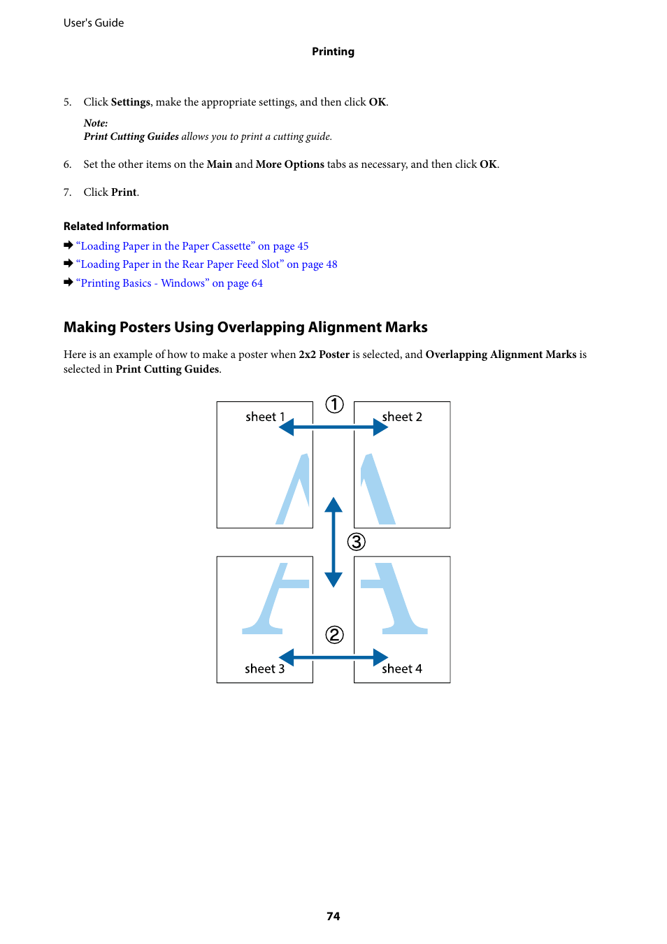 Making posters using overlapping alignment marks | Epson L1455 User Manual | Page 74 / 233