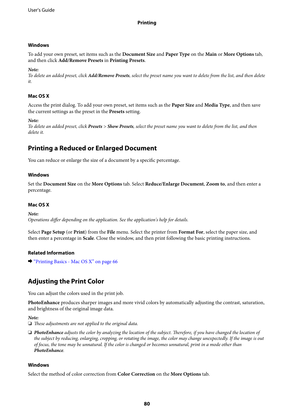 Printing a reduced or enlarged document, Adjusting the print color | Epson L1455 User Manual | Page 80 / 233