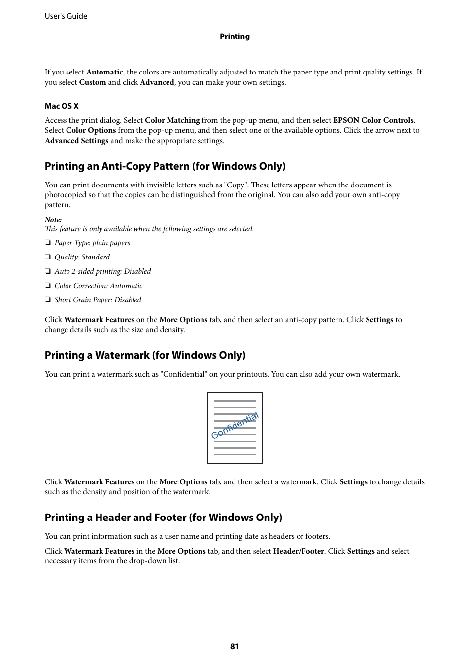 Printing an anti-copy pattern (for windows only), Printing a watermark (for windows only), Printing a header and footer (for windows only) | Epson L1455 User Manual | Page 81 / 233