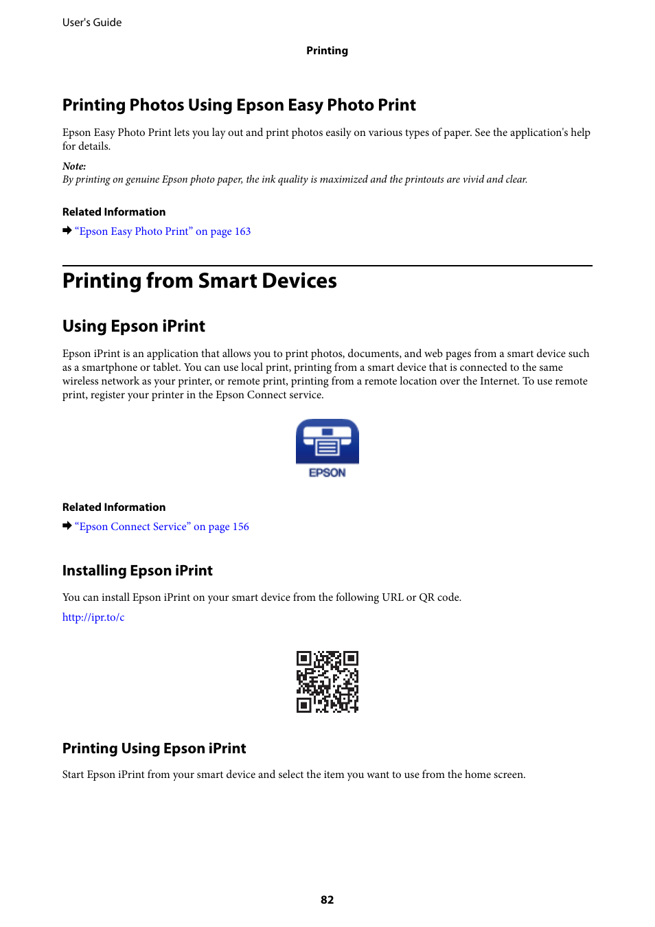 Printing photos using epson easy photo print, Printing from smart devices, Using epson iprint | Installing epson iprint, Printing using epson iprint | Epson L1455 User Manual | Page 82 / 233