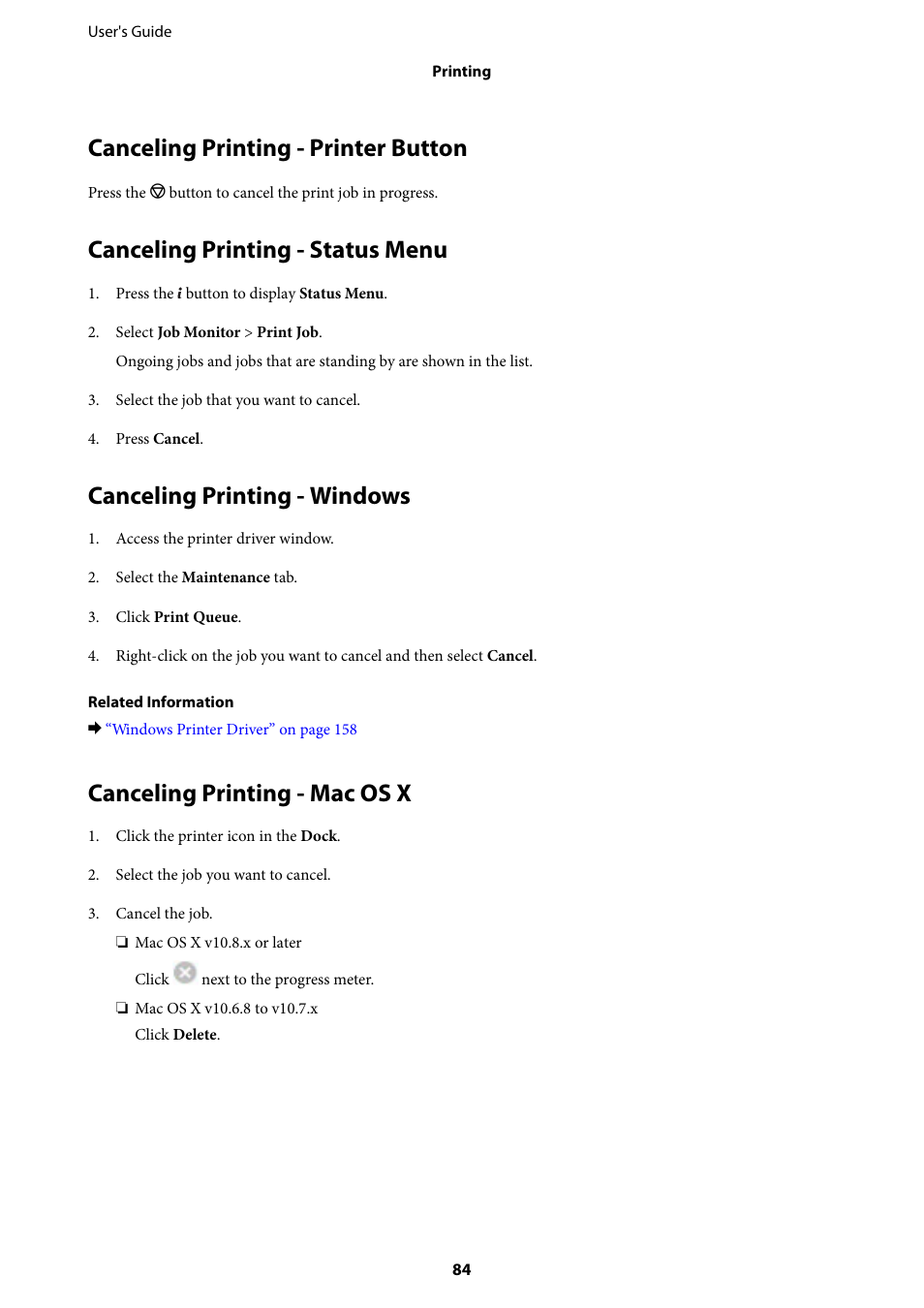 Canceling printing - printer button, Canceling printing - status menu, Canceling printing - windows | Canceling printing - mac os x | Epson L1455 User Manual | Page 84 / 233