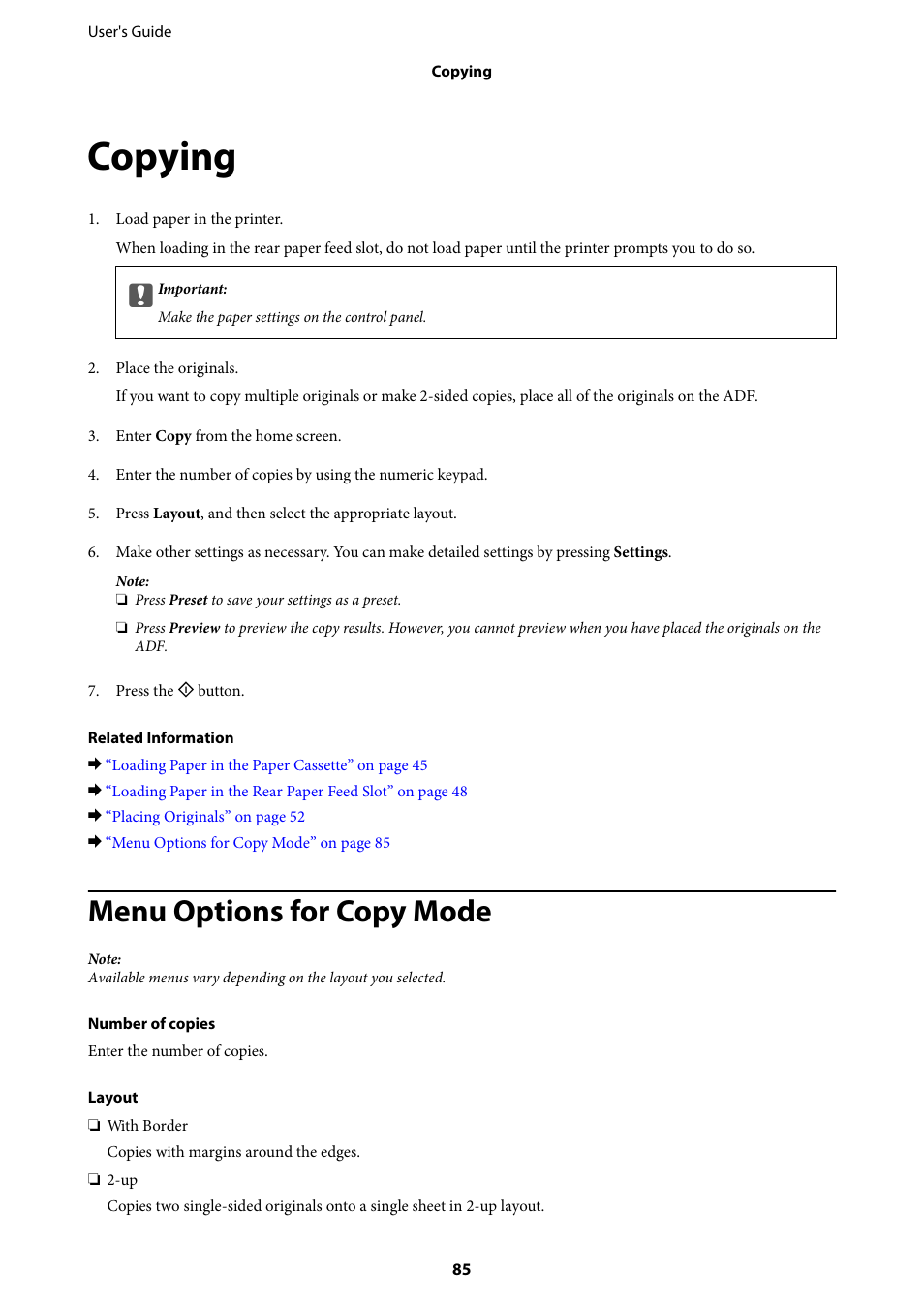 Copying, Menu options for copy mode | Epson L1455 User Manual | Page 85 / 233