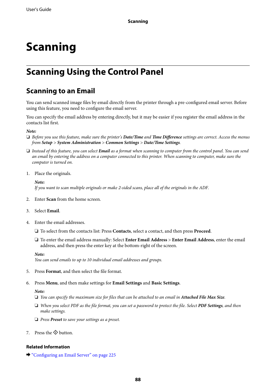 Scanning, Scanning using the control panel, Scanning to an email | Epson L1455 User Manual | Page 88 / 233