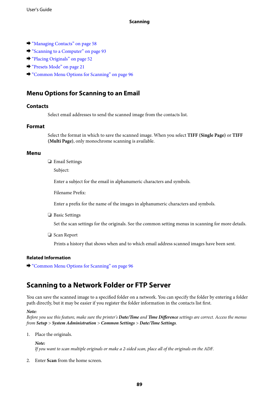 Scanning to a network folder or ftp server, Menu options for scanning to an email | Epson L1455 User Manual | Page 89 / 233