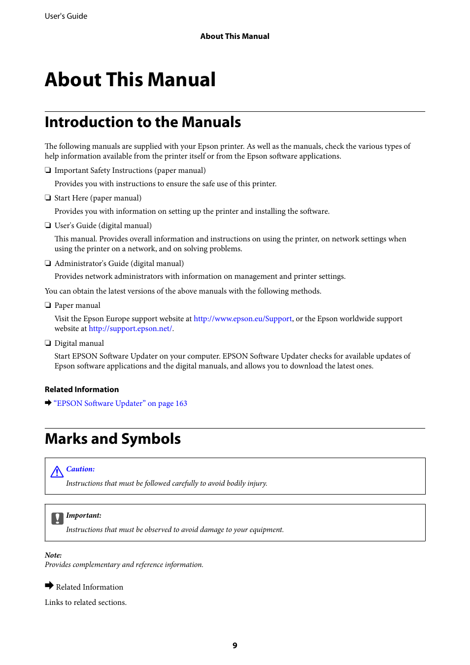 About this manual, Introduction to the manuals, Marks and symbols | Epson L1455 User Manual | Page 9 / 233