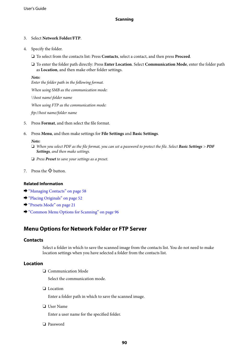 Menu options for network folder or ftp server | Epson L1455 User Manual | Page 90 / 233