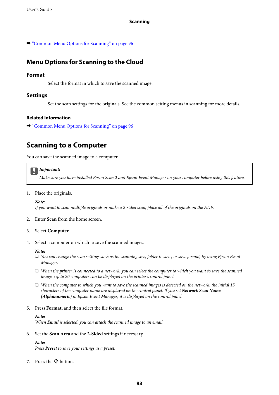 Scanning to a computer, Menu options for scanning to the cloud | Epson L1455 User Manual | Page 93 / 233