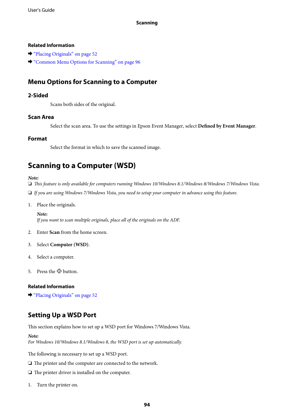 Scanning to a computer (wsd), Menu options for scanning to a computer, Setting up a wsd port | Epson L1455 User Manual | Page 94 / 233