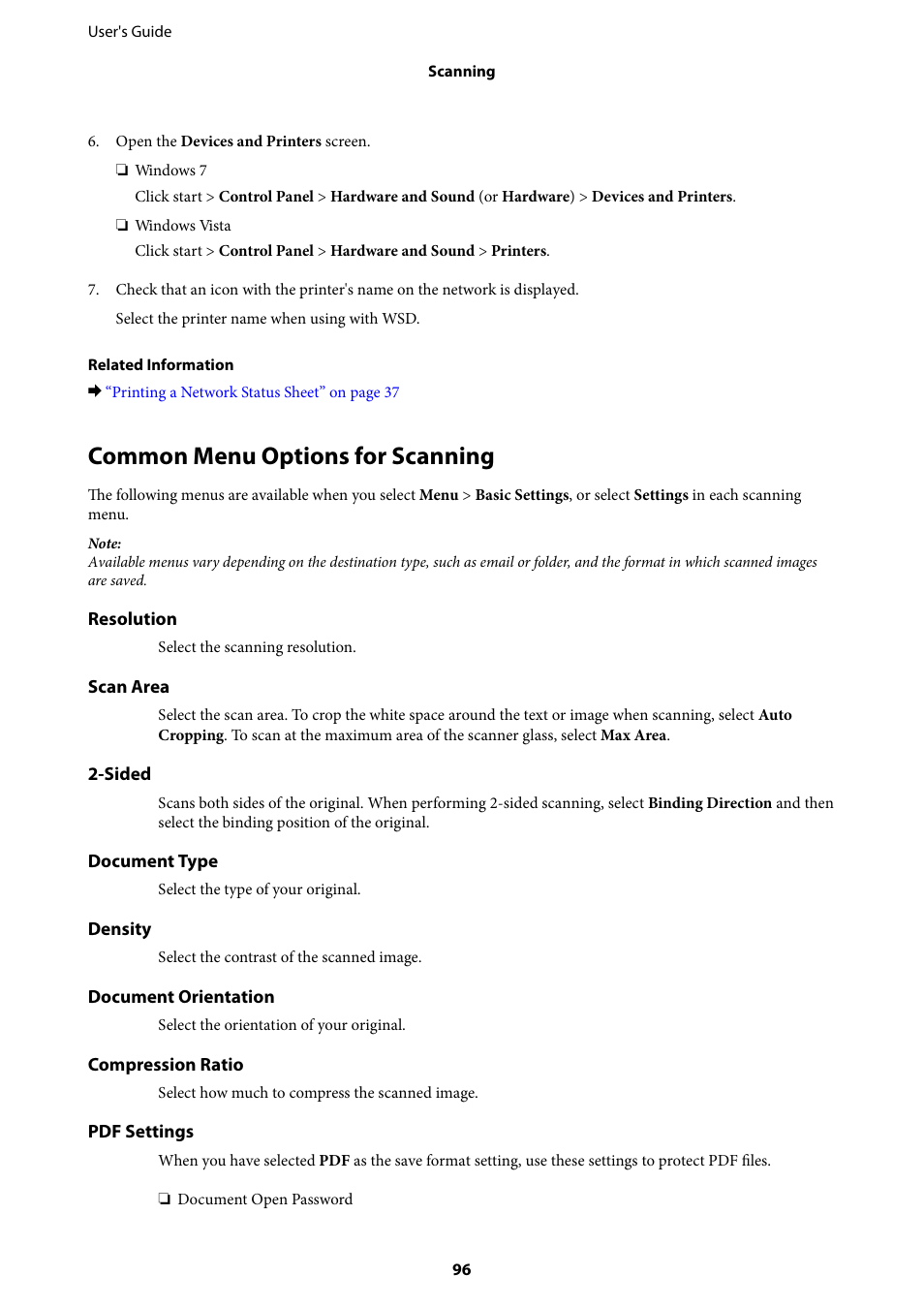 Common menu options for scanning | Epson L1455 User Manual | Page 96 / 233