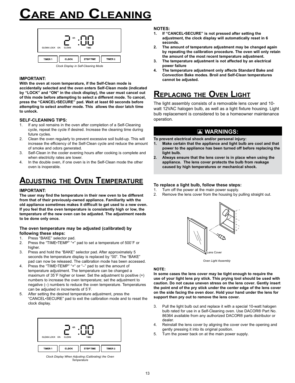 Leaning, Djusting, Emperature | Eplacing, Ight | Dacor Wall Ovens User Manual | Page 15 / 20