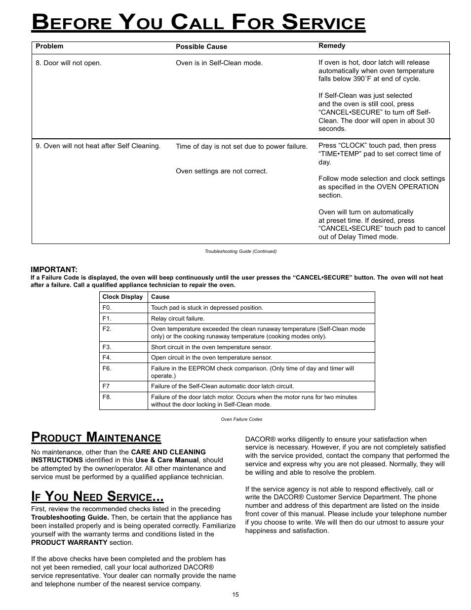 Efore, Ervice | Dacor Wall Ovens User Manual | Page 17 / 20