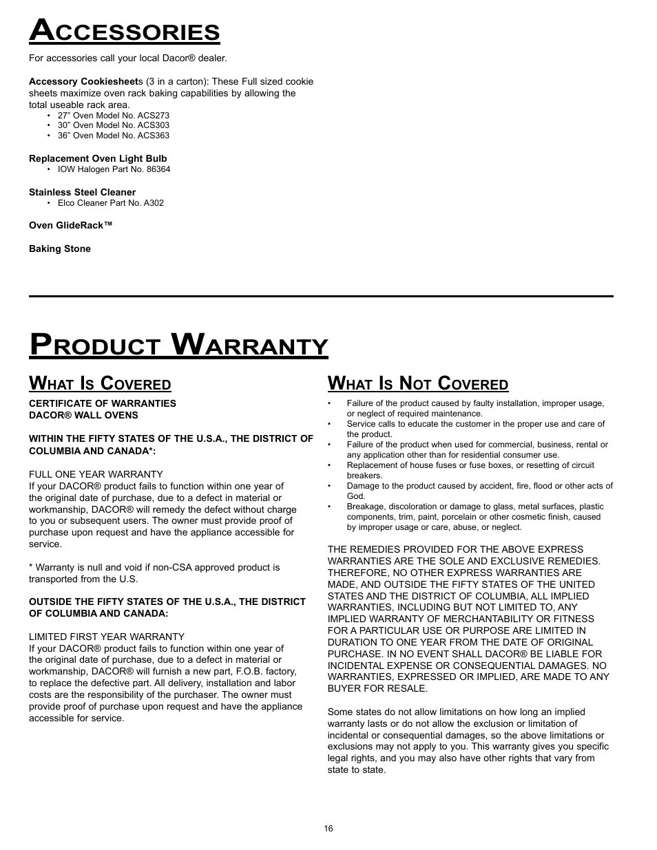 Ccessories, Roduct, Arranty | Dacor Wall Ovens User Manual | Page 18 / 20