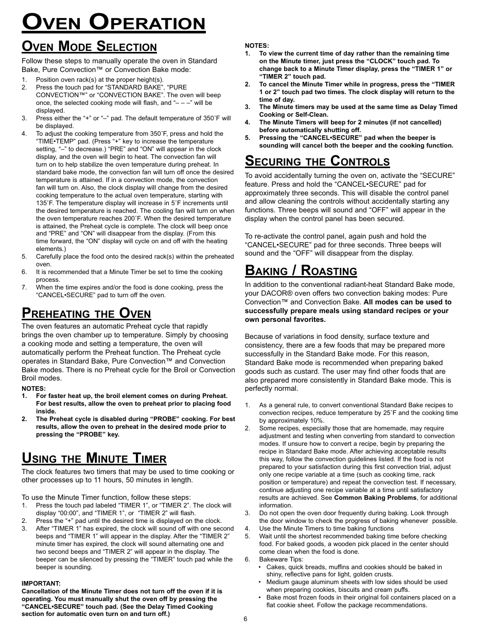 Peration, Election, Reheating | Sing, Inute, Imer, Ecuring, Ontrols, Aking, Oasting | Dacor Wall Ovens User Manual | Page 8 / 20
