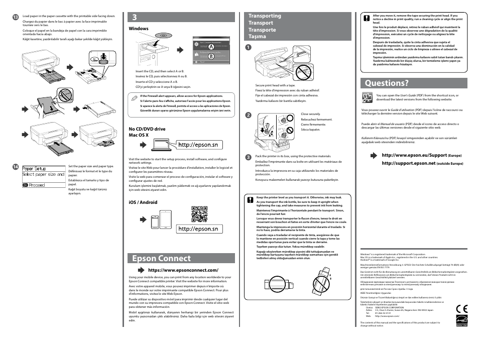 Epson connect, Questions, Transporting transport transporte taşıma | Epson L605 User Manual | Page 2 / 4