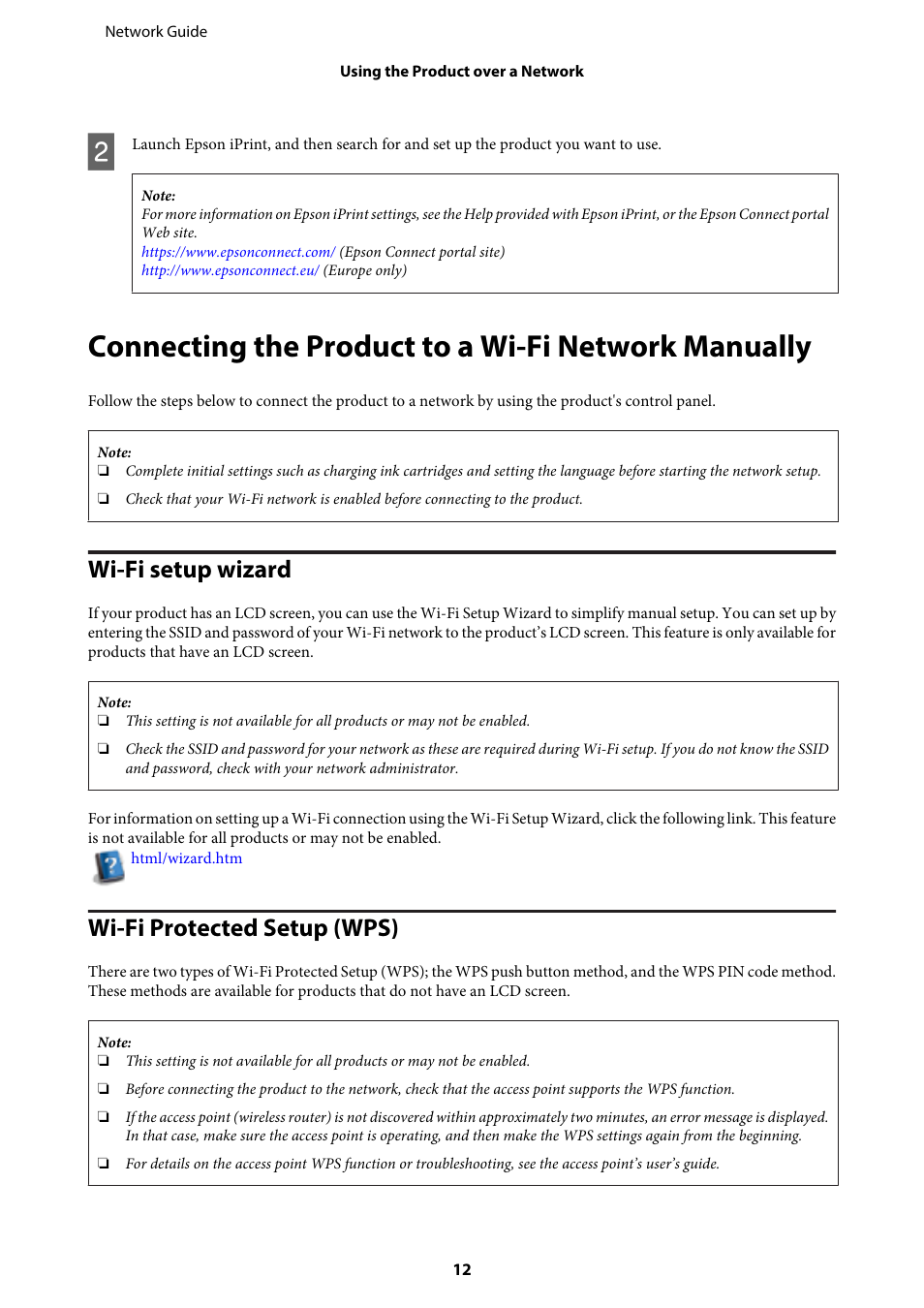 Connecting the product to a wi-fi network manually, Wi-fi setup wizard, Wi-fi protected setup (wps) | Wi-fi setup wizard wi-fi protected setup (wps) | Epson EcoTank ET-4550 User Manual | Page 12 / 35