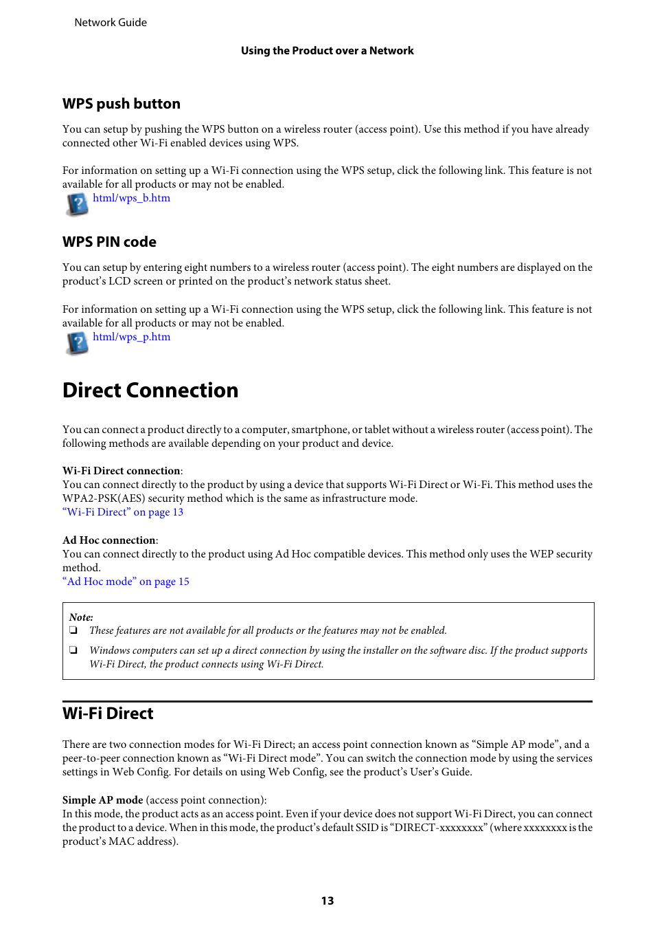 Wps push button, Wps pin code, Direct connection | Wi-‍fi direct, Wi-fi direct | Epson EcoTank ET-4550 User Manual | Page 13 / 35