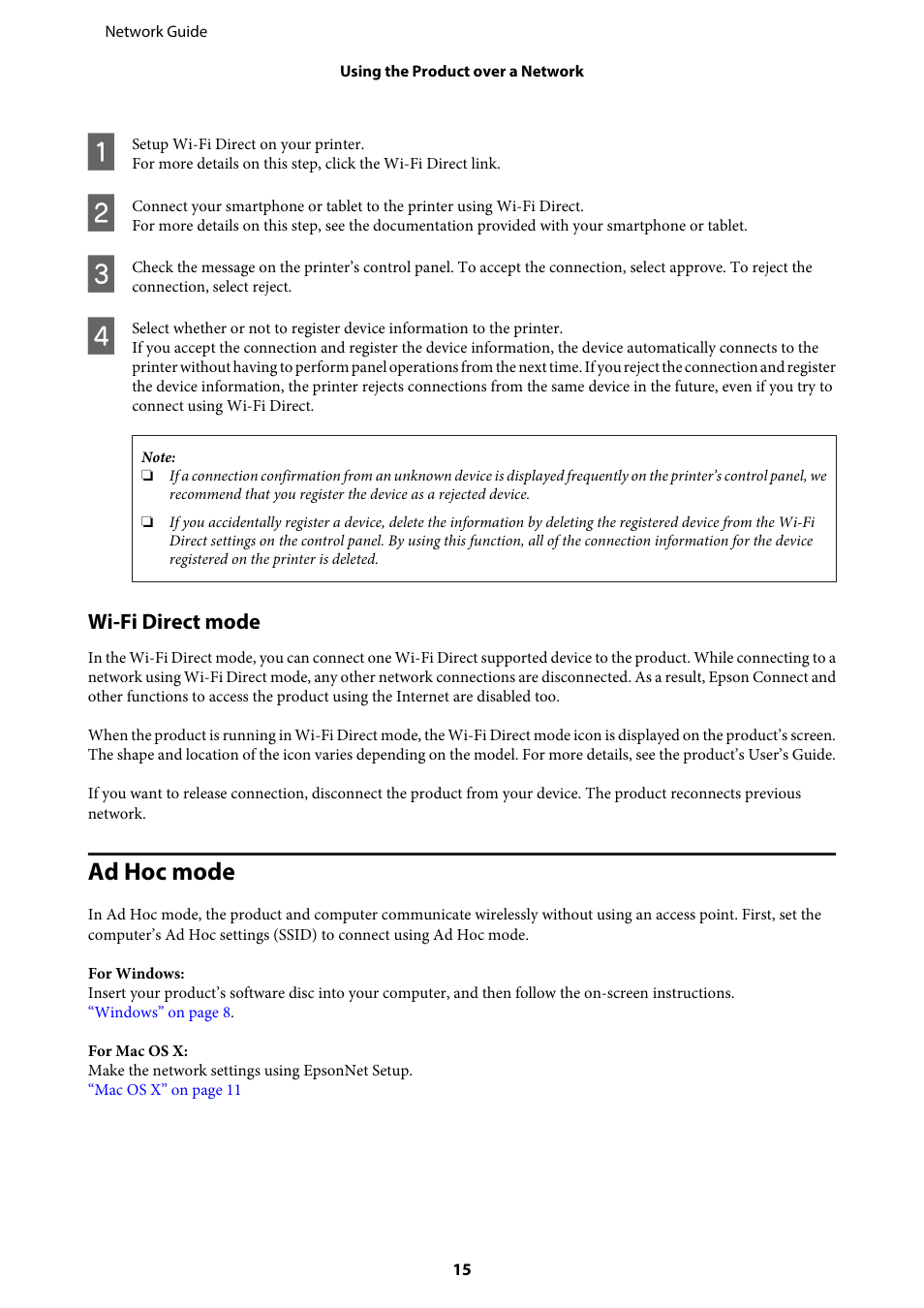 Wi-‍fi direct mode, Ad hoc mode | Epson EcoTank ET-4550 User Manual | Page 15 / 35