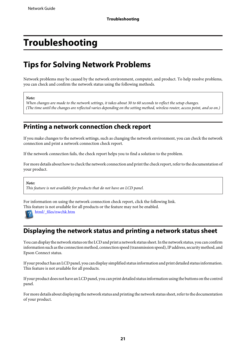 Troubleshooting, Tips for solving network problems, Printing a network connection check report | Epson EcoTank ET-4550 User Manual | Page 21 / 35