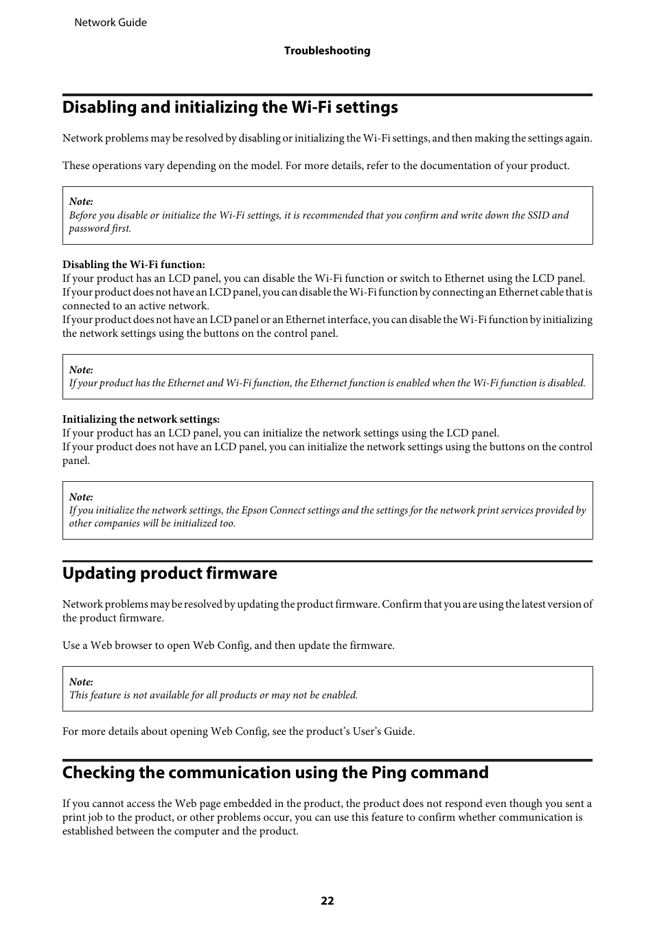 Disabling and initializing the wi-fi settings, Updating product firmware, Checking the communication using the ping command | Epson EcoTank ET-4550 User Manual | Page 22 / 35