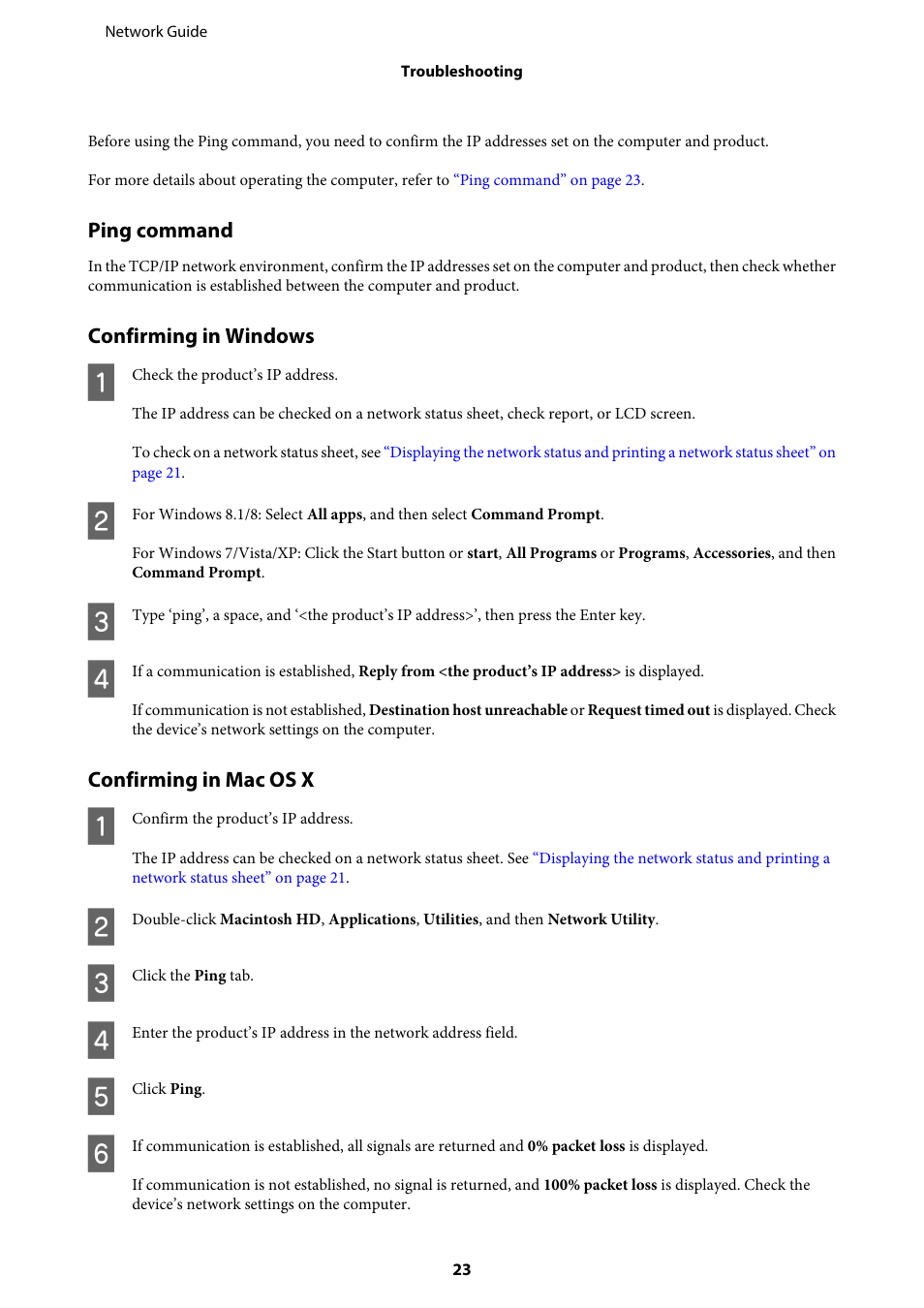 Ping command, Confirming in windows, Confirming in mac os x | Epson EcoTank ET-4550 User Manual | Page 23 / 35